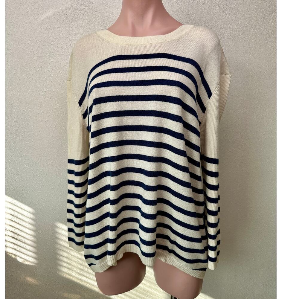 Vince Striped Sweater Cream Navy Women's US L High Low Back Zip